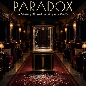 Op de afbeelding: Een printbaar detective-mysteriespel getiteld The Meridian Paradox: A Mystery Aboard the Vanguard Zenith. De afbeelding toont een zwarte vitrinekast met een gebroken glazen ruit op een rode loper in een donkere, luxueuze treincoupé.
