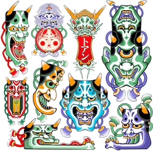 Lámina artística de máscara Hannya japonesa, estilo tatuaje tradicional (descarga digital)