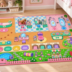 May include: A rectangular area rug featuring a colorful, illustrated pet grooming and daycare center layout. The design includes a reception area, grooming stations, bathing tubs, a vanity, pet beds, a play area with a pool, and agility equipment.