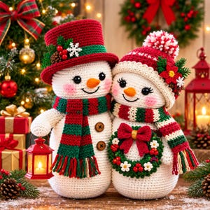 Puede incluir: Dos figuras de muñecos de nieve de ganchillo una al lado de la otra. El muñeco de la izquierda lleva un sombrero de copa rojo con acebo y una bufanda roja y verde. El de la derecha lleva un gorro rojo con pompón, bufanda y una corona verde.