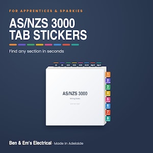 May include: AS/NZS 3000 tab stickers for apprentices and sparkies, featuring a white book cover labeled AS/NZS 3000 Wiring Rules. The set includes colorful top and side index tabs with numbered and lettered sections to help find information quickly.