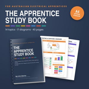 May include: A dark blue spiral-bound study book titled The Apprentice Study Book for Australian Electrical Apprentices. The cover lists 14 topics, 17 diagrams, and 40 pages. Two interior pages show technical diagrams and charts.