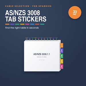 May include: A set of AS/NZS 3008 tab stickers for cable selection, featuring 33 colourful adhesive tabs. The product includes top and side index tabs with labels like TYPES, METH, Iz, Kg, Ka, Kd, RX, Vc, Vd, Isc, K, and numbers 1 through 5.