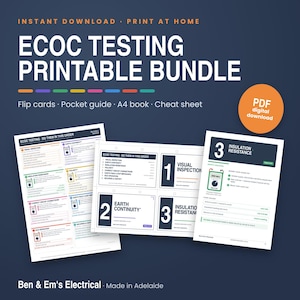 Könnte beinhalten: Ein digitales, druckbares ECOC-Testpaket mit Taschenführer, Karteikarten, A4-Buch und Spickzettel. Die Dokumente enthalten technische Anweisungen für Sichtprüfung, Erdungskontinuität, Isolationswiderstand und RCD-Betrieb für Elektroarbeiten.