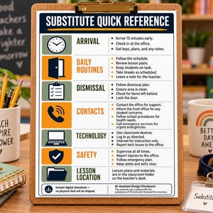 Puede incluir: Un portapapeles con una guía de referencia rápida para sustitutos con secciones para llegada, rutinas diarias, salida, contactos, tecnología, seguridad y ubicación de lecciones, cada una con un icono y una lista de instrucciones.