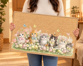 Felpudo de primavera para gatos, felpudo de bienvenida de Pascua para gatitos, decoración floral para el porche o jardín, alfombra de exterior con mariposas, regalo estilo cottagecore para amantes de los gatos, alfombra floral
