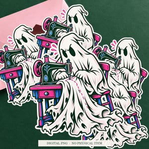 Ghost Hem Repair artwork shown as a sticker on a cream envelope against green. Digital PNG mockup; envelope and physical sticker are not included.