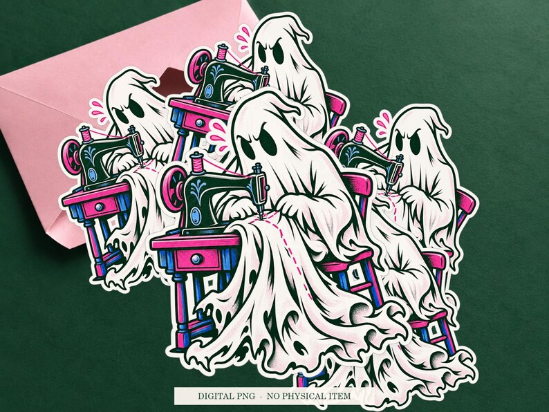 Ghost Hem Repair artwork shown as a sticker on a cream envelope against green. Digital PNG mockup; envelope and physical sticker are not included.