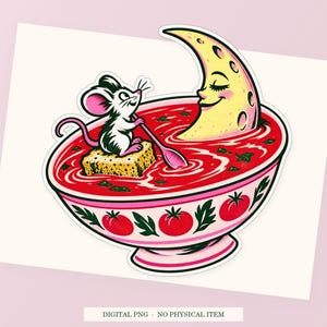 Soup Moon close view showing the pink and green artwork and white outline.