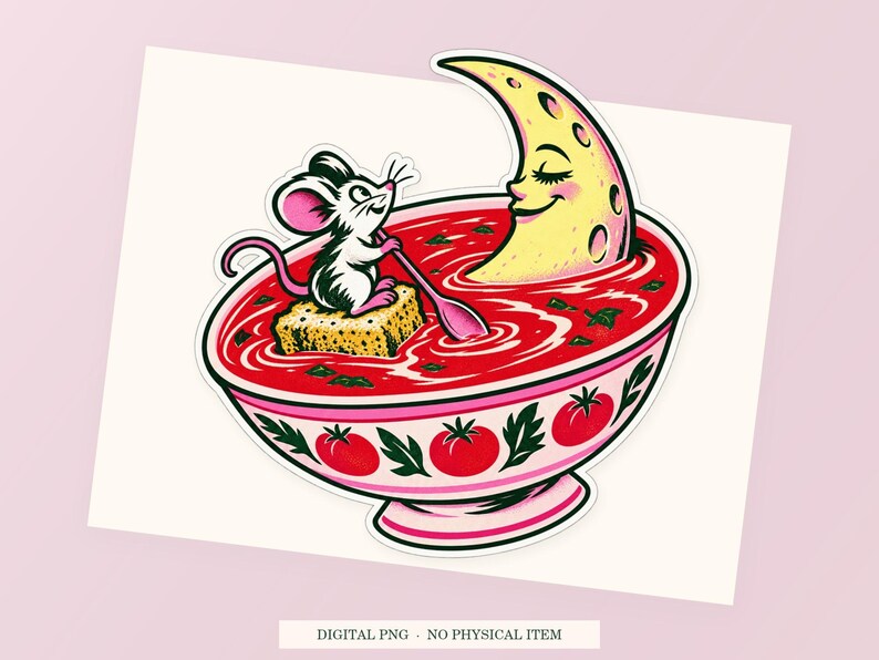 Soup Moon close view showing the pink and green artwork and white outline.