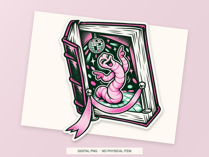 Lucky Somewhere Bookworm Nightclub digital PNG artwork shown in a styled preview. One design. Digital download only, no physical item.