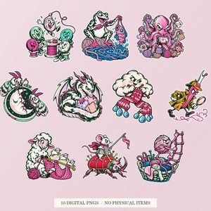 Stitch and Make Mischief bundle cover showing ten pink and green crafting illustrations, including yarn, crochet, knitting and sewing designs. Ten transparent PNG digital files; no physical products.
