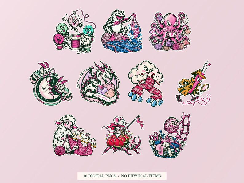 Stitch and Make Mischief bundle cover showing ten pink and green crafting illustrations, including yarn, crochet, knitting and sewing designs. Ten transparent PNG digital files; no physical products.