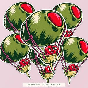 Olive Hot Air Balloon shown in a playful sticker cluster on powder pink. Digital mockup, no physical stickers included.