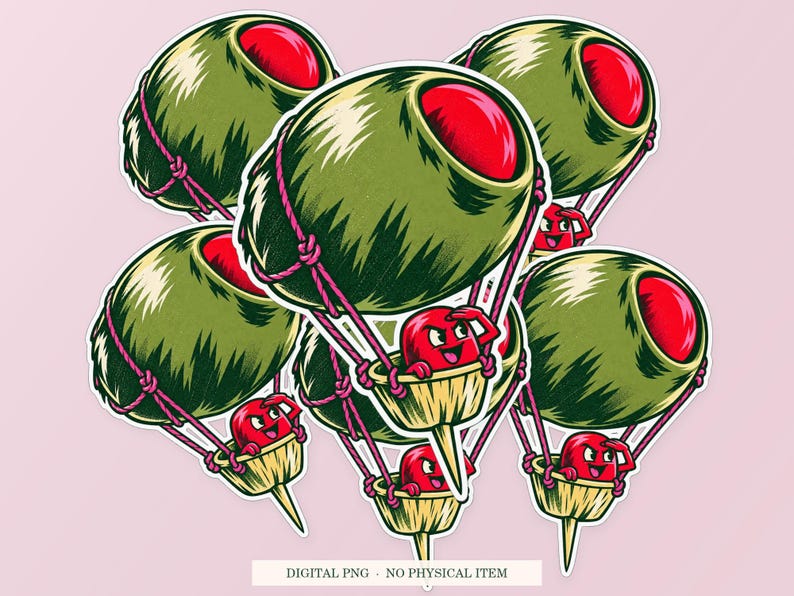 Olive Hot Air Balloon shown in a playful sticker cluster on powder pink. Digital mockup, no physical stickers included.