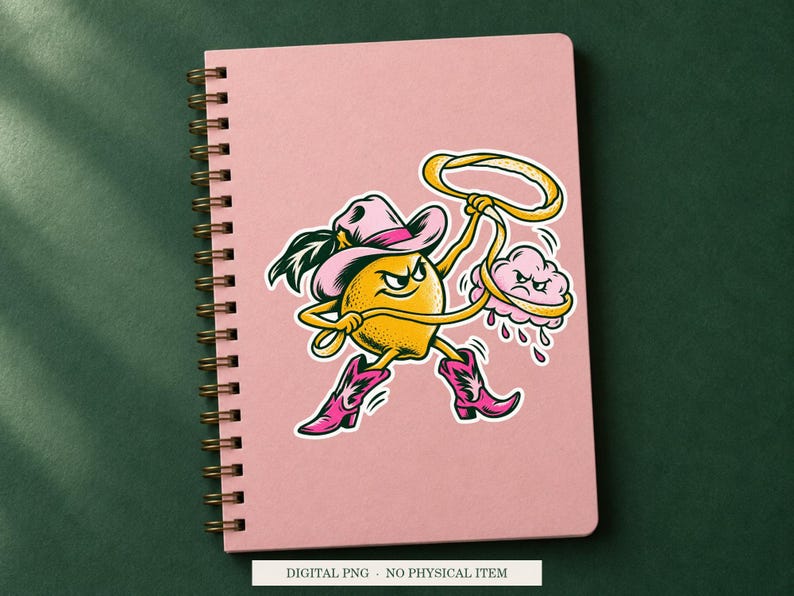Lemon Cloud Wrangler displayed on a notebook. Digital mockup showing a creative use for the PNG.