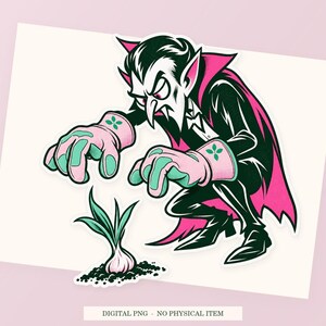 Close view of the pink and green Vampire Garlic Gardener illustration with its white outline on a styled background. One transparent PNG digital download.