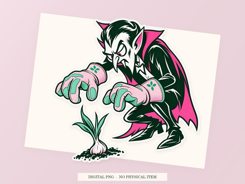 Close view of the pink and green Vampire Garlic Gardener illustration with its white outline on a styled background. One transparent PNG digital download.