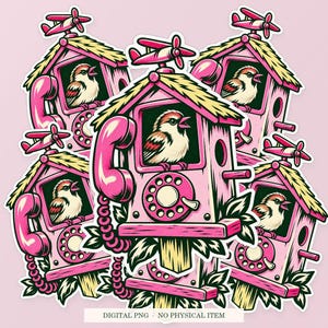 Airplane Mode Birdhouse shown in a playful sticker cluster on powder pink. Digital mockup, no physical stickers included.