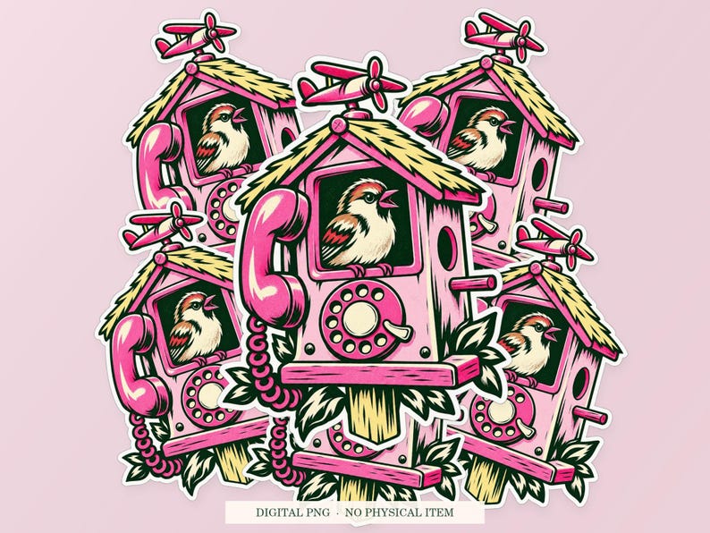Airplane Mode Birdhouse shown in a playful sticker cluster on powder pink. Digital mockup, no physical stickers included.