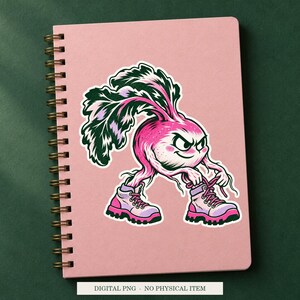 Radish Root Boots displayed on a notebook. Digital mockup showing a creative use for the PNG.