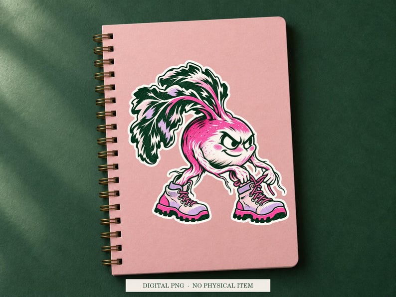 Radish Root Boots displayed on a notebook. Digital mockup showing a creative use for the PNG.