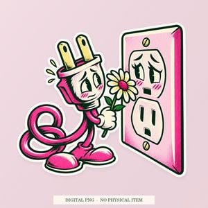 Pode incluir: Uma ilustra&ccedil;&atilde;o de autocolante de desenho animado com uma ficha el&eacute;trica antropom&oacute;rfica com um cabo rosa e rosto, segurando uma margarida branca em dire&ccedil;&atilde;o a uma tomada de parede rosa t&iacute;mida e corada com um rosto.