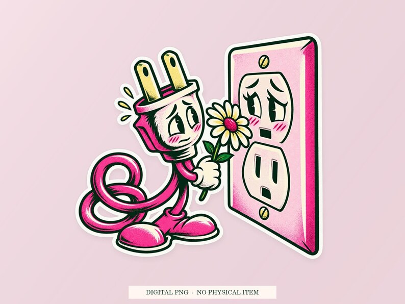 Pode incluir: Uma ilustra&ccedil;&atilde;o de autocolante de desenho animado com uma ficha el&eacute;trica antropom&oacute;rfica com um cabo rosa e rosto, segurando uma margarida branca em dire&ccedil;&atilde;o a uma tomada de parede rosa t&iacute;mida e corada com um rosto.