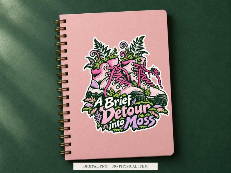 A Brief Detour into Moss displayed on a notebook. Digital mockup showing a creative use for the PNG.
