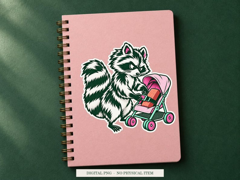 Raccoon Emotional Support Brick displayed on a notebook. Digital mockup showing a creative use for the PNG.