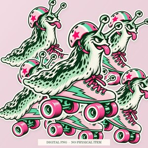 Slug Roller Skates shown in a playful sticker cluster on powder pink. Digital mockup, no physical stickers included.