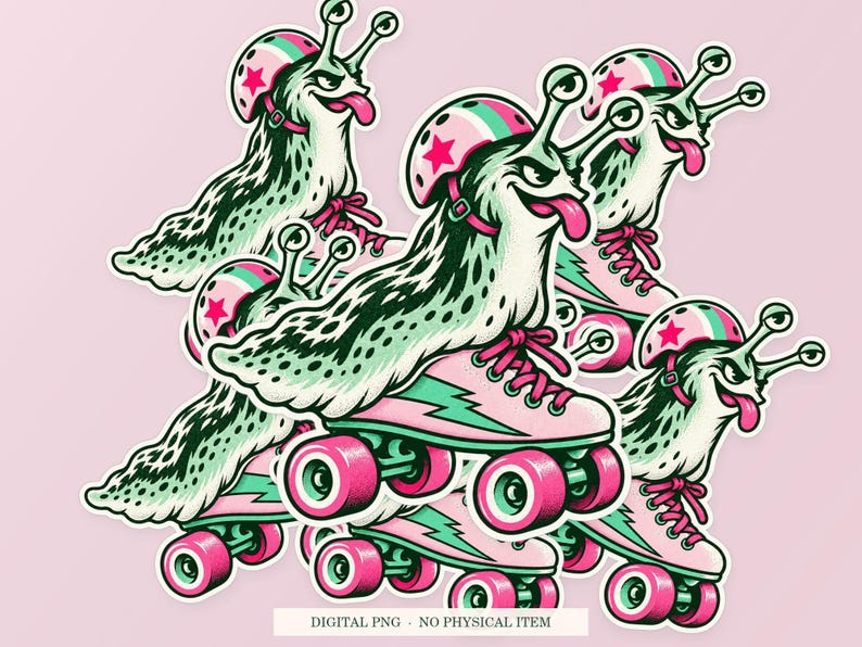 Slug Roller Skates shown in a playful sticker cluster on powder pink. Digital mockup, no physical stickers included.