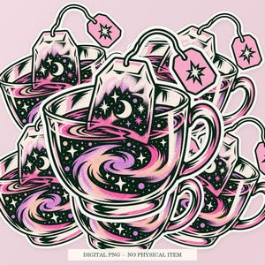 Night Sky Tea Bag shown in a playful sticker cluster on powder pink. Digital mockup, no physical stickers included.