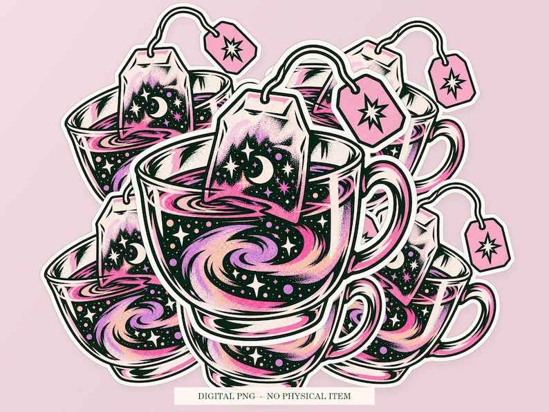 Night Sky Tea Bag shown in a playful sticker cluster on powder pink. Digital mockup, no physical stickers included.