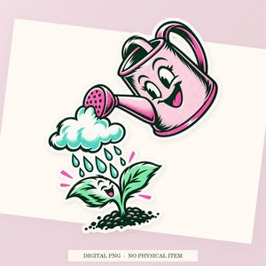 Watering Can Raincloud close view showing the pink and green artwork and white outline.