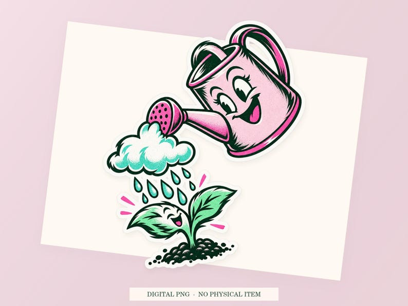 Watering Can Raincloud close view showing the pink and green artwork and white outline.