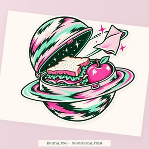 Planet Lunchbox close view showing the pink and green artwork and white outline.