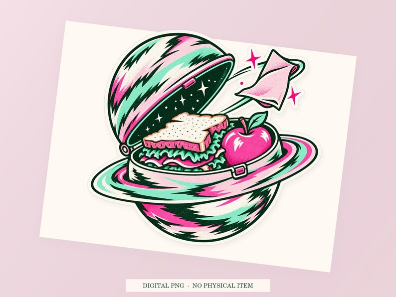 Planet Lunchbox close view showing the pink and green artwork and white outline.