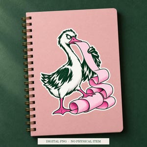 Goose Complaint Printer artwork decorating a notebook as a white outlined sticker. Digital PNG project example; notebook and sticker are not included.