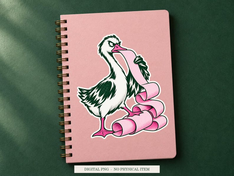 Goose Complaint Printer artwork decorating a notebook as a white outlined sticker. Digital PNG project example; notebook and sticker are not included.
