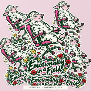 Emotionally in a Field shown in a playful sticker cluster on powder pink. Digital mockup, no physical stickers included.