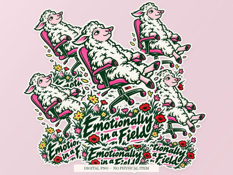 Emotionally in a Field shown in a playful sticker cluster on powder pink. Digital mockup, no physical stickers included.