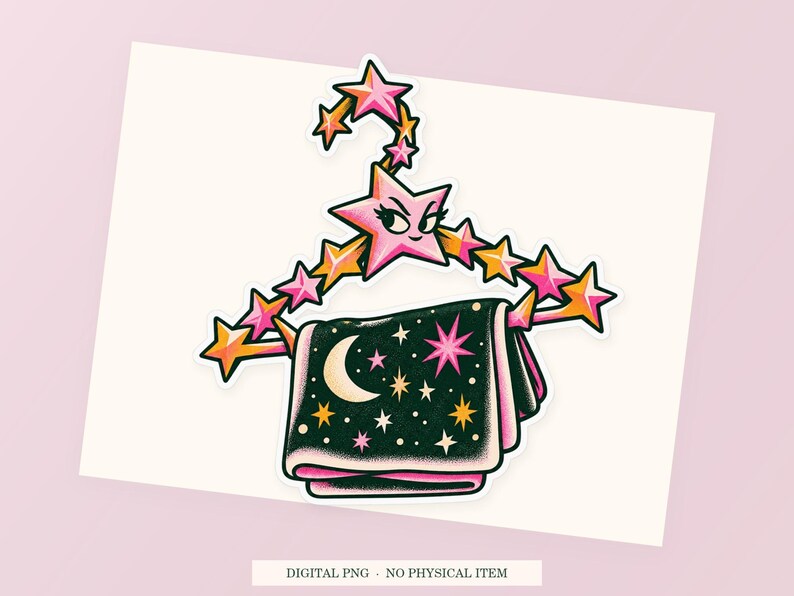 Constellation Coat Hanger close view showing the pink and green artwork and white outline.