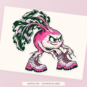 Radish Root Boots close view showing the pink and green artwork and white outline.