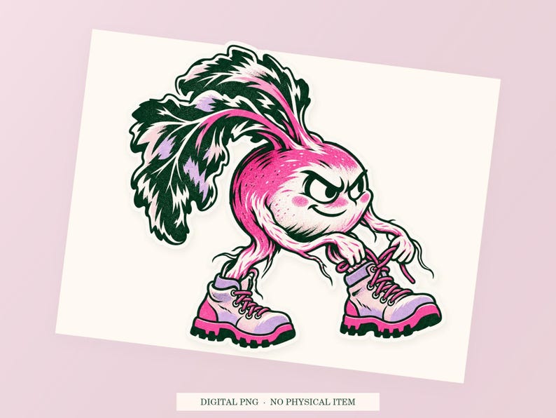 Radish Root Boots close view showing the pink and green artwork and white outline.