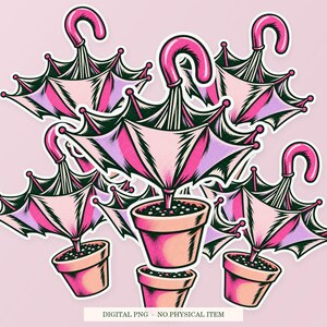 Umbrella Indoor Plant shown in a playful sticker cluster on powder pink. Digital mockup, no physical stickers included.