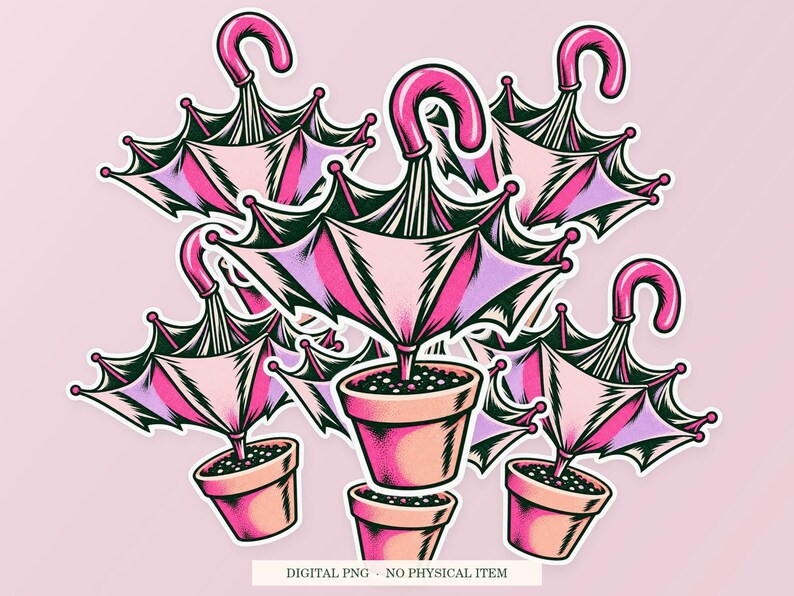Umbrella Indoor Plant shown in a playful sticker cluster on powder pink. Digital mockup, no physical stickers included.