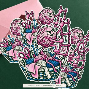 Yarn Escape Route illustration displayed as a white outlined sticker on a cream envelope against a green background. Digital PNG mockup; envelope and sticker are not included.