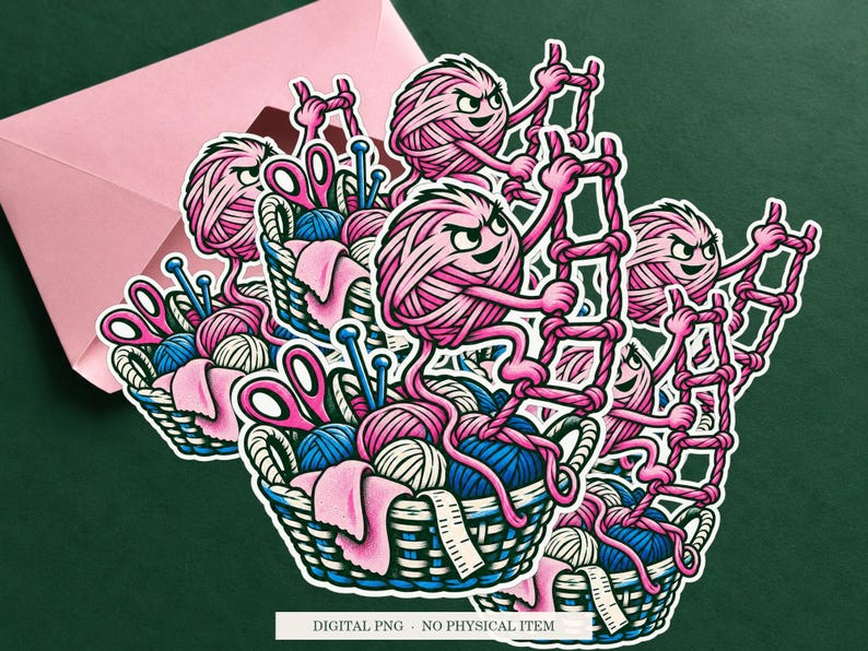 Yarn Escape Route illustration displayed as a white outlined sticker on a cream envelope against a green background. Digital PNG mockup; envelope and sticker are not included.