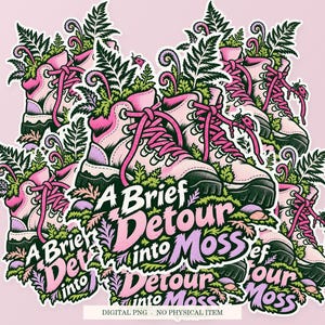 A Brief Detour into Moss shown in a playful sticker cluster on powder pink. Digital mockup, no physical stickers included.